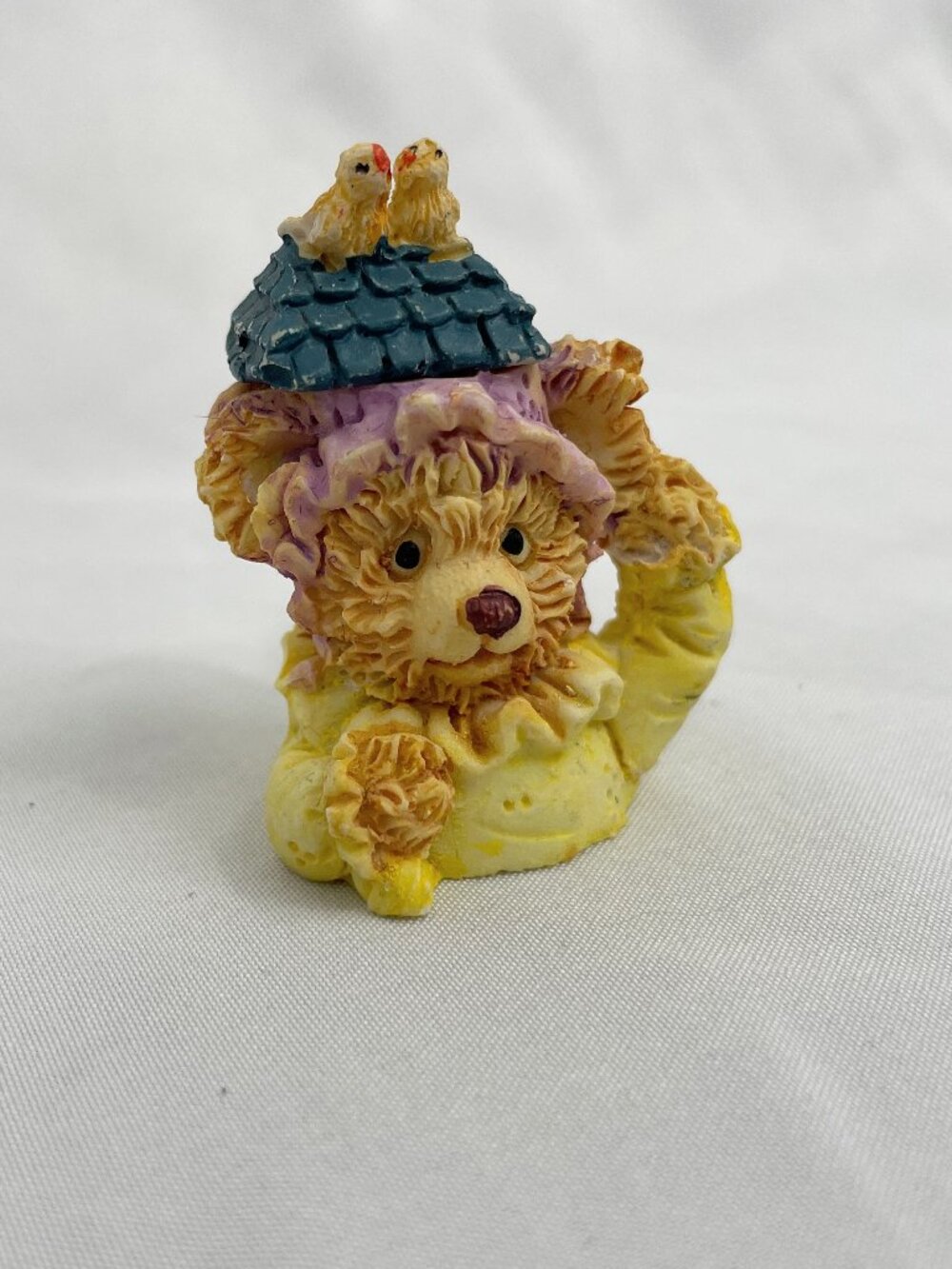 Mini Cottage Light Brown Bear with a Roof Hat with Two Yellow Birds